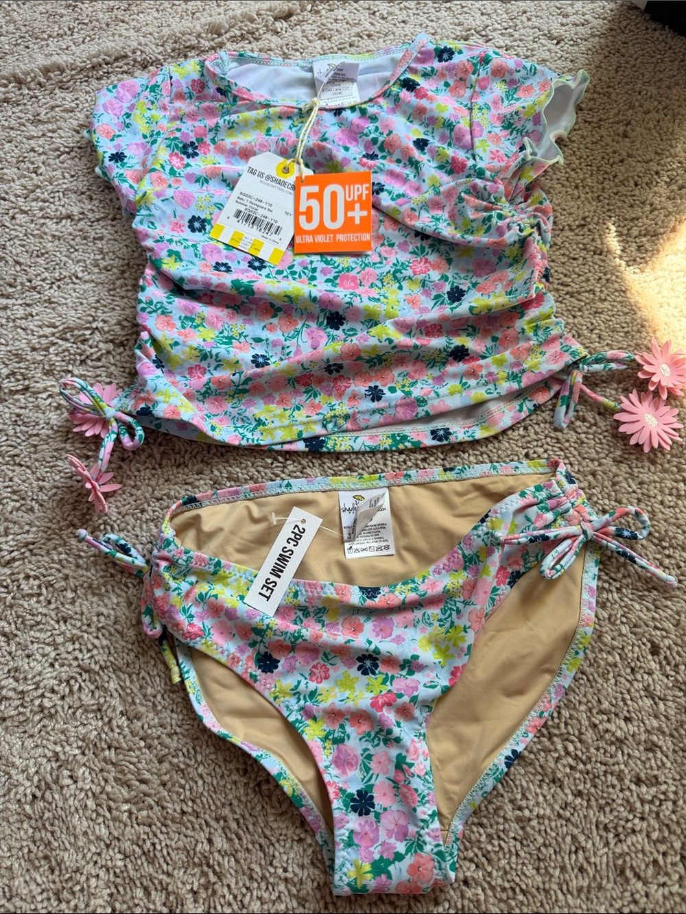 Shade Critters Girls Pink/Green/Blue Floral 2-Piece Swim Set with UPF 50+